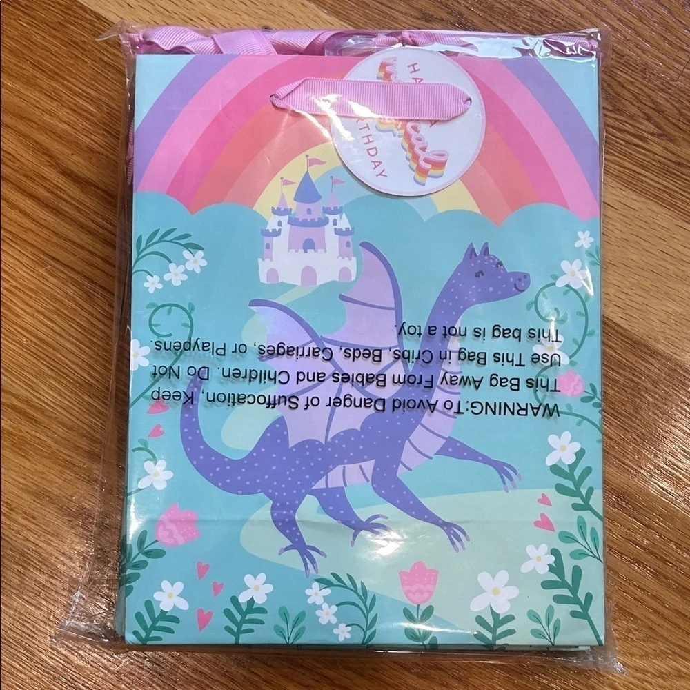 12 pk Colorful Magical Dragon Birthday gift Bags with Pink ribbon Handles new